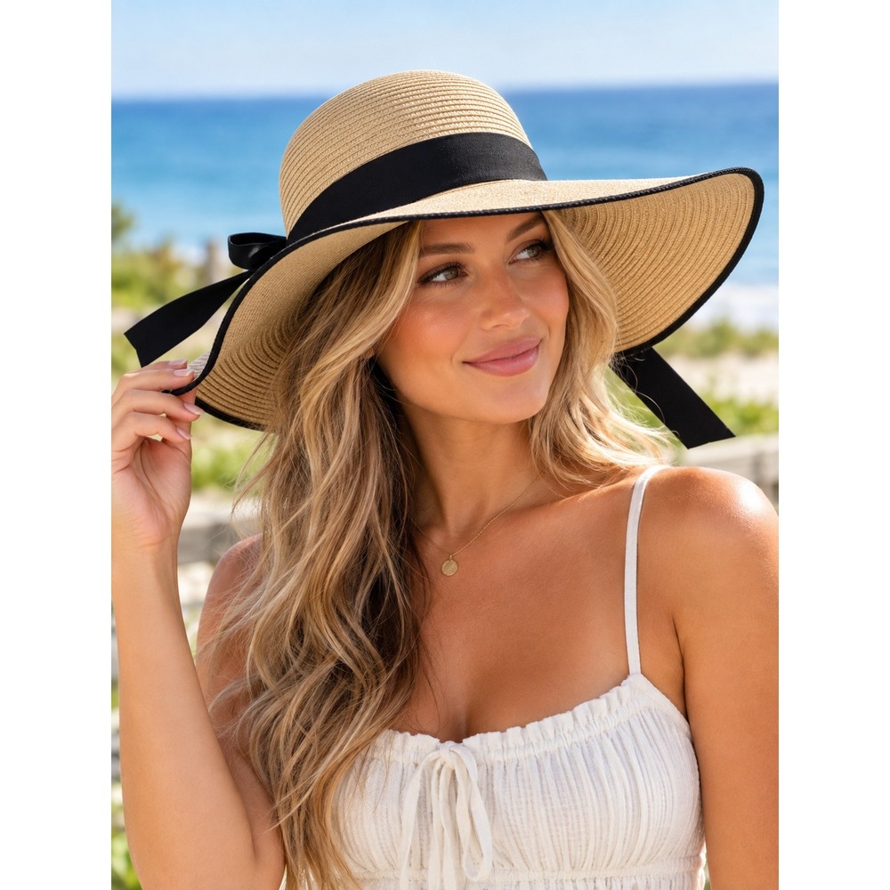 FURTALK Women Wide Brim Straw Sun Hat Tan Black Ribbon Bow L-XL
